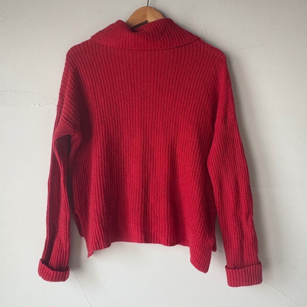 Eileen Fisher Red Yak Merino Wool Cowl Neck Ribbed Knit Sweater Small - Picture 6 of 6